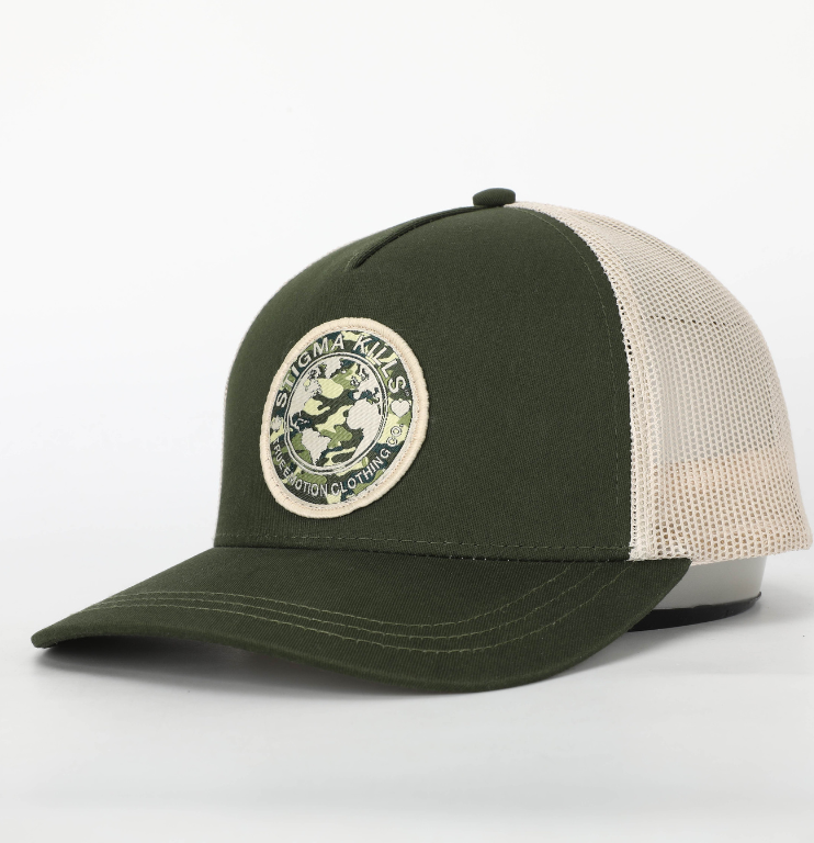 Stigmakills® Trucker Hat - Olive/Tan with camouflage patch